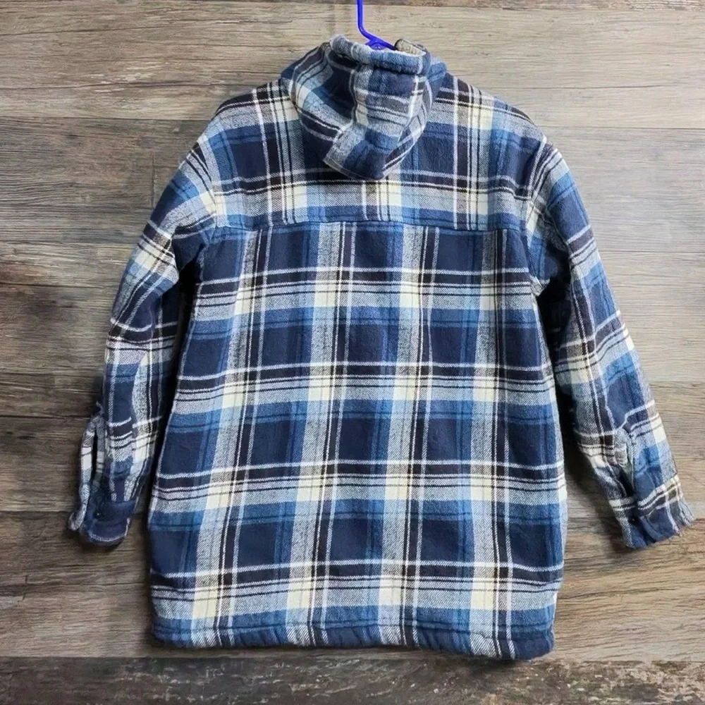 Authentic BTC Trading Co Navy and Beige Plaid Flannel Hooded Shirt Jacket - Picture 9 of 12